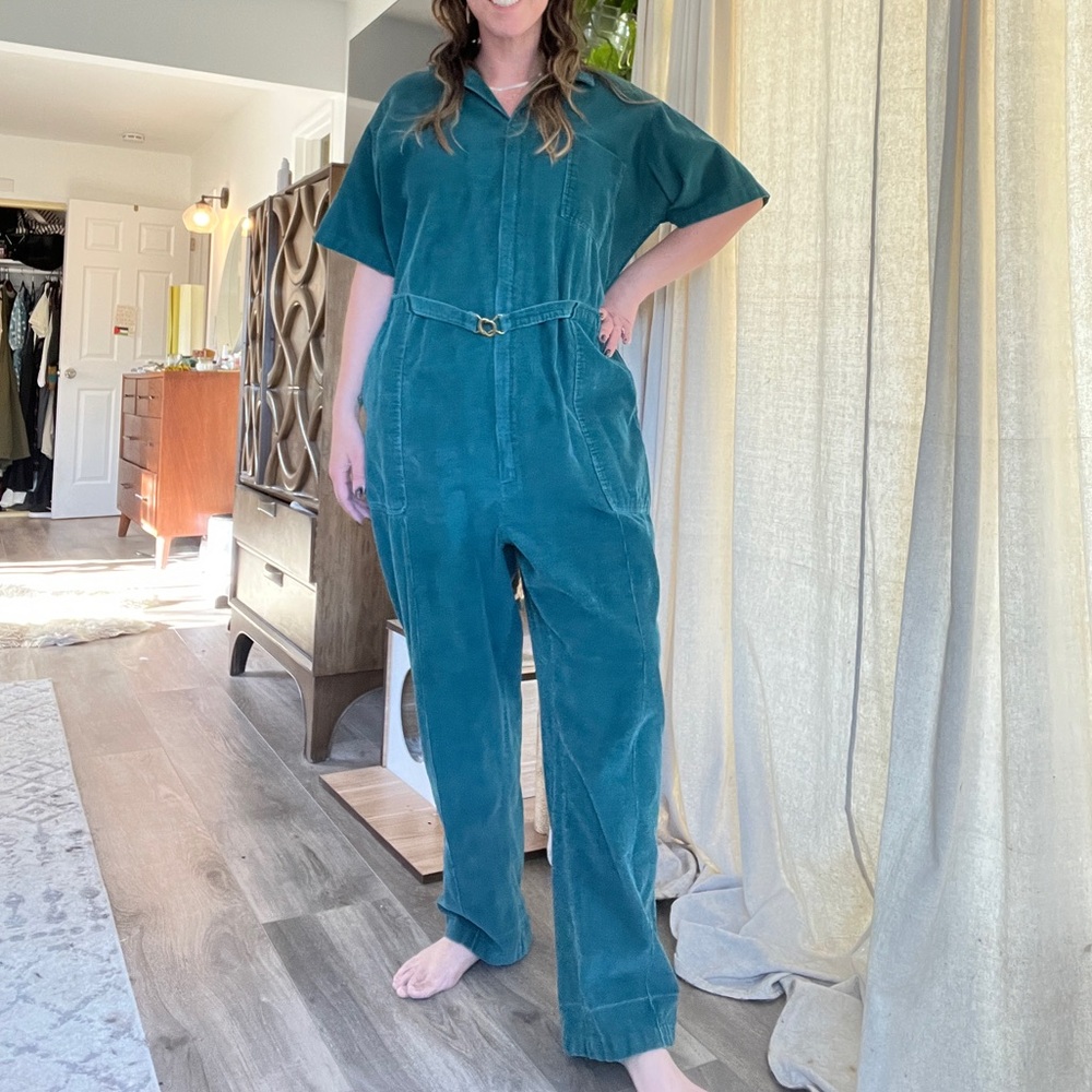 Vintage Teal Blue Corduroy Jumpsuit Coveralls Big Bud Press 70s Workwear